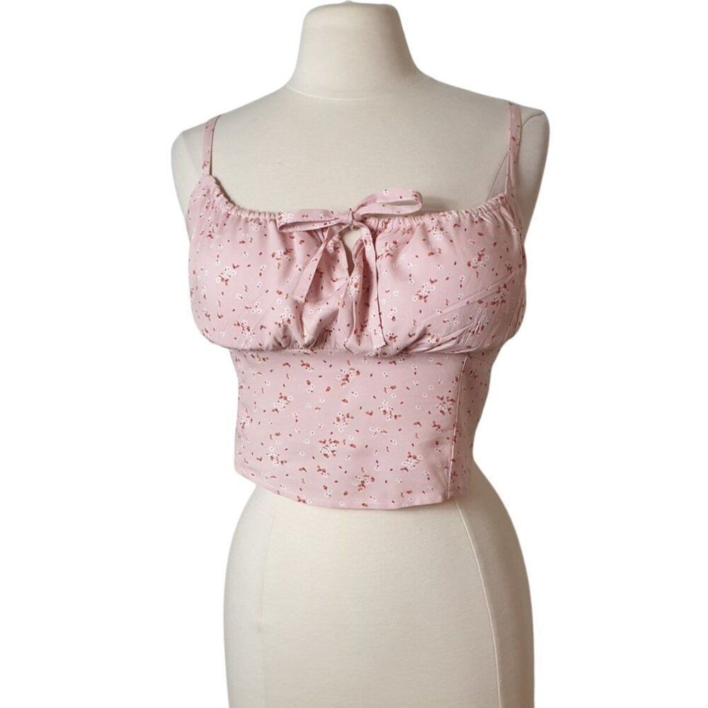 Aeropostale Womens Crop XL Floral Pink Shirred Back Keyhole Tie Front Cottage
